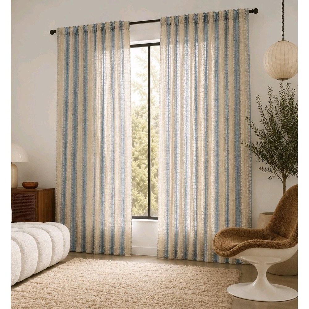 Vintage 1970s Scandinavian Style Natural Woven Fibers Fabric Drape Curtains Pair